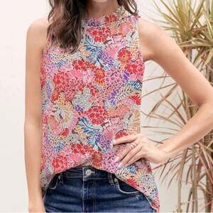 Amaryllis Women's Floral Ruffle Mock Neck Sleeveless Blouse